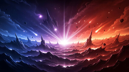 Epic cosmic dawn over mystical peaks