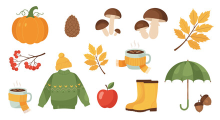 Autumn themed design elements set includes a pumpkin fall leaves mushrooms warm sweater rain boots and a cup of hot cocoa with scarf.