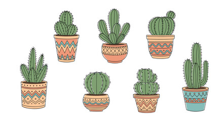 Variety of seven different cactus plants in decorative pots with geometric patterns are shown in a flat illustration for home decor.