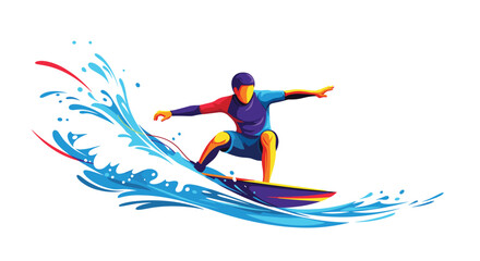 Energetic surfer riding a massive turquoise wave under a clear sky in a vibrant and modern flat vector illustration style.