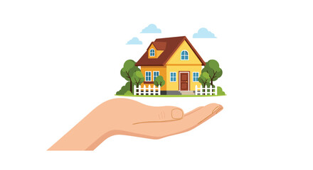 Human hand carefully holds a small yellow model house with a red roof surrounded by green trees and a white fence representing real estate.