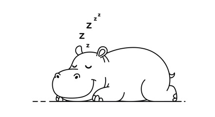 Cute cartoon hippopotamus sleeping peacefully on its belly with Z symbols floating above its head in a minimalist line art.