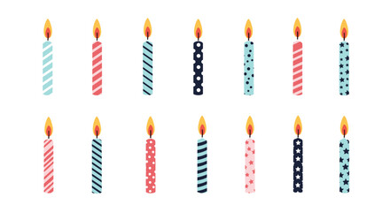 Two rows of festive birthday candles with colorful patterns and burning flames are arranged against a white background for a celebration.