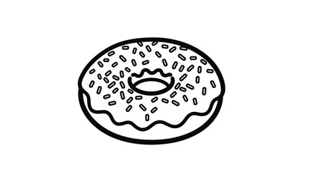 Delicious chocolate glazed donut covered with colorful sprinkles in a simple and clean line art style on a white background.