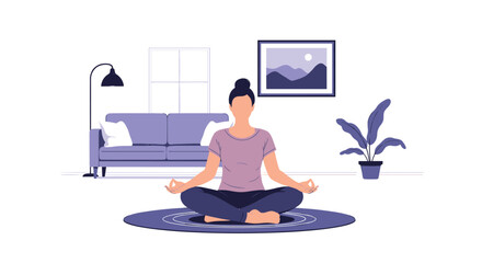 Serene woman practices mindfulness and yoga in the lotus position on a mat in a peaceful living room environment with soft color tones.