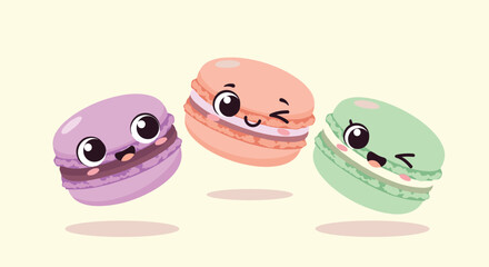 Three cute cartoon macaron cookies with happy faces in purple peach and green colors are shown floating on a soft cream background.