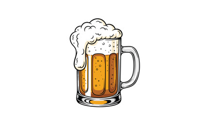 Cold glass mug of amber beer is topped with a thick layer of white foam and bubbles shown in a detailed hand drawn vector style.