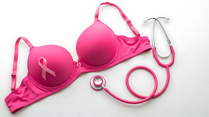 Pink bra with awareness ribbon and stethoscope symbolizing breast health