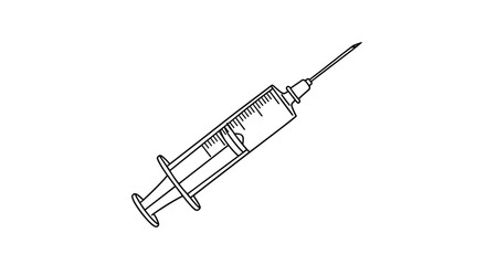 Clean black and white line drawing of a medical syringe with a sharp needle represents healthcare vaccination and clinical procedures.