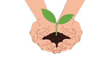 Pair of hands gently supports a mound of dark soil with a young green plant sprout growing from it symbolizing environmental care.