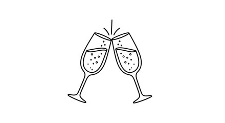 Two elegant champagne glasses clinking together for a celebratory toast with sparkling bubbles in a clean line art style.