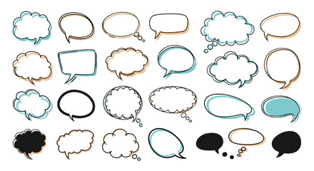 Collection of various speech bubbles and thought clouds in different shapes and colors for comic book or dialogue designs.