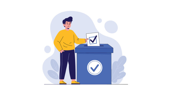 Responsible young man in a yellow sweater casts his vote into a blue ballot box during an election to exercise his democratic rights.