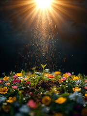 Golden sun rays shining on a young green sprout being watered with sparkling droplets in a vibrant flower garden. Concept of new life, growth, and sustainable nature conservation.