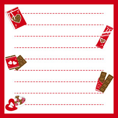 Valentine note paper background with cute chocolate in red and white color tone