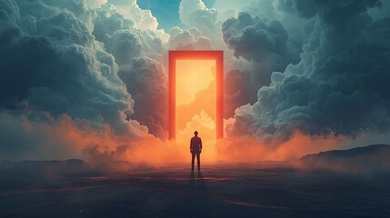 Digital artwork. Man facing glowing orange portal in wide landscape with clouds. Concept of branding identity,