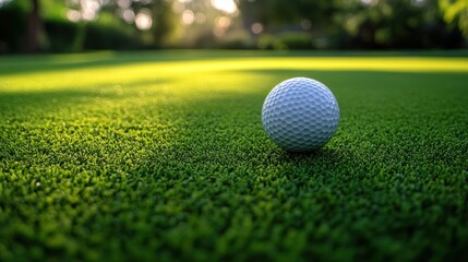 Obraz premium Golf ball on a vibrant green fairway at sunset