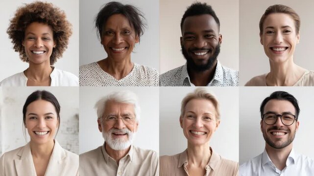 Diverse group of smiling people portraits. Each person looks directly at the camera with a happy expression