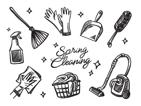 spring cleaning household equipment doodle set design