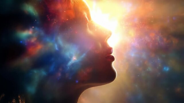 A creative abstract artwork of a woman in deep thought, with a vibrant galaxy and light emanating from within her mind. It's a surreal and imaginative visualization of the human mind
