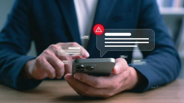 4k, Businessman checking smartphone with new message, email alert and spam warning symbol, cyberattack warning icons. Cyber security and cybercrime, video clip