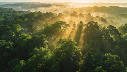 Photorealistic aerial view of a dense green forest canopy at sunrise with golden sun rays piercing through morning mist and fog representing environmental beauty and oxygen production