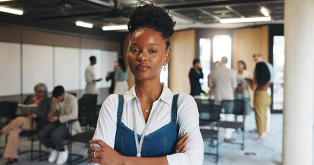 Business woman, serious and portrait at conference with people at upskill workshop for career...