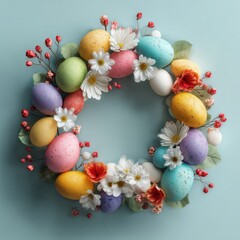 Easter wreath with colorful eggs and flowers on blue background