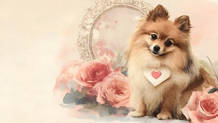Elegant Pomeranian dog featured in a bespoke portrait frame embellished with intricate embroidered hearts and personalized name tag, posed gracefully with fresh roses in watercolor style for premium V