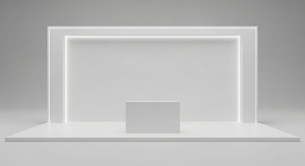 Minimalist white exhibition stand with glowing frame and podium, ready for branding or presentation.