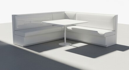 White L-shaped restaurant booth with a small square table, minimalist design, casting shadows on a light background.
