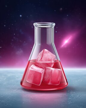 Nebula-infused elixir in a transparent prism flask, with bioluminescent ice cubes, set against an abstract cosmic setting, lit by soft neon reflections, in glowing blues and neon pink. Sci-fi