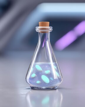 Nebula-infused elixir in a transparent prism flask, with bioluminescent ice cubes, set against an abstract cosmic setting, lit by soft neon reflections, in glowing blues and neon pink. Sci-fi