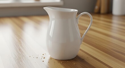 Simple elegant porcelain pitcher on wooden surface in a modern kitchen