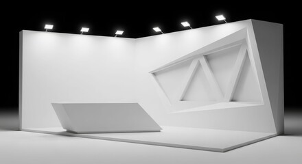 A modern, minimalist white exhibition stand with geometric display elements and spotlights.