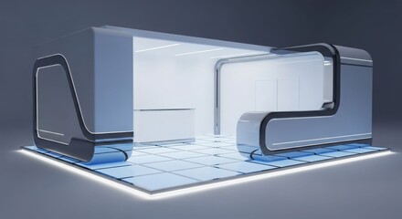 Futuristic and minimalist exhibition stand with sleek design and glowing blue lights.