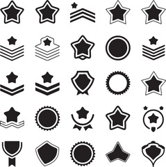 Collection of black star and award icons on white background