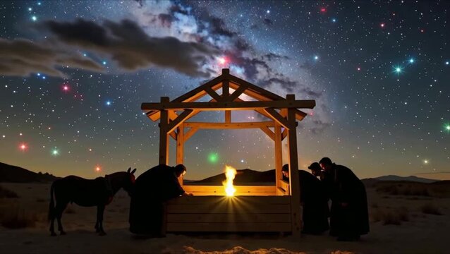 Nativity Scene Under Starry Milky Way Sky with Figures and Horse night