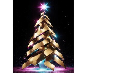 Modern Golden Christmas Tree with Star and Neon Lights.
