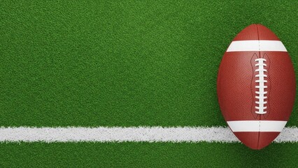 American football on green turf field with white yard line markings with football field and sports equipment