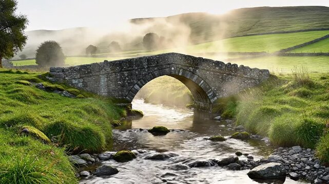 A serene landscape featuring a stone arch bridge spanning a flowing stream amidst rolling green hills
