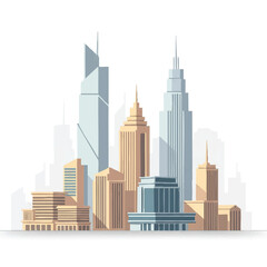 Cartoon illustration of a modern city skyline with sleek skyscrapers and buildings in a cute, stylized urban landscape with warm beige and blue tones.