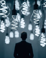 Creative Inspiration Atmosphere Scene - Back View of Professional with Hanging Glowing Spiral Light Bulbs
