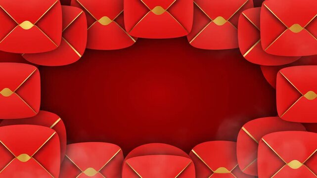 Animated Red Envelopes Border Frame with Deep Red Background