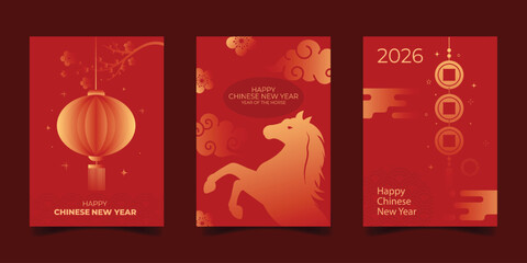 set of happy Chinese new year 2026 greeting card with ornament on red background