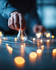 Hand Holding Glowing Light Bulb Creative Inspiration Scene - Collaborative Innovation Atmosphere with String Lights
