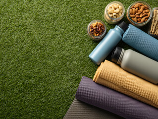 Naklejka premium Active picnic with sports bottles and yoga mat on grass, overhead view, healthy fitness lifestyle concept.