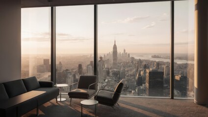 Modern Living Room with Panoramic City View at Sunset.