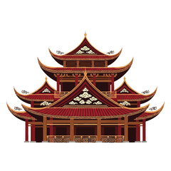 A traditional Chinese pagoda with red roofs and ornate details stands against a clean white background in a cartoon style.