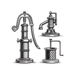 Vintage water pump icons, water well symbols, hand-operated pumps, black and white illustrations (1).eps